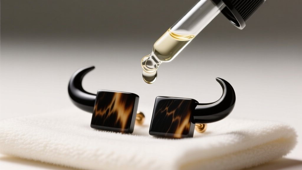 Glass dropper applying mineral oil to polished black buffalo horn stud earrings resting on a soft microfiber cloth.