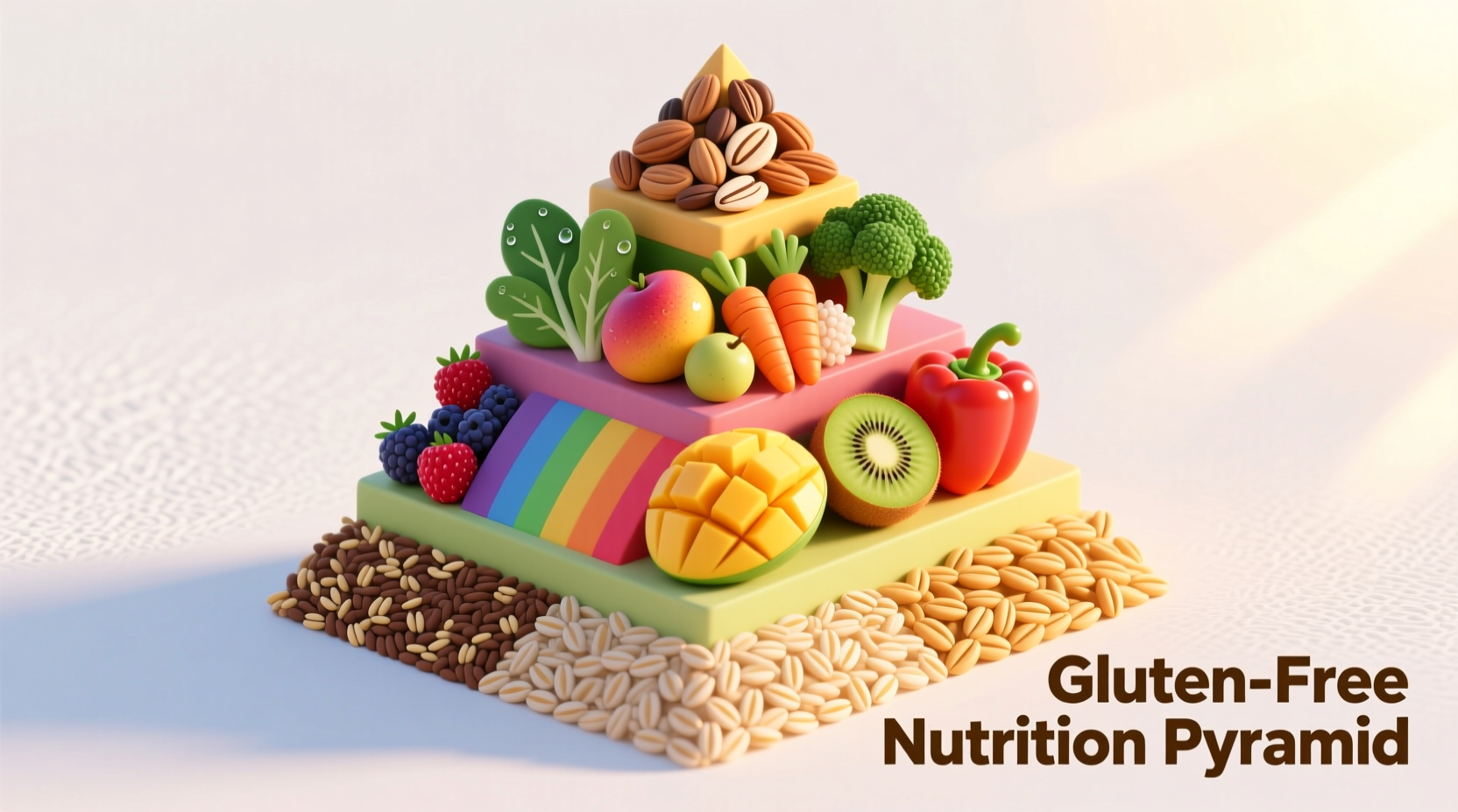 Colorful gluten-free food pyramid with fruits vegetables and grains