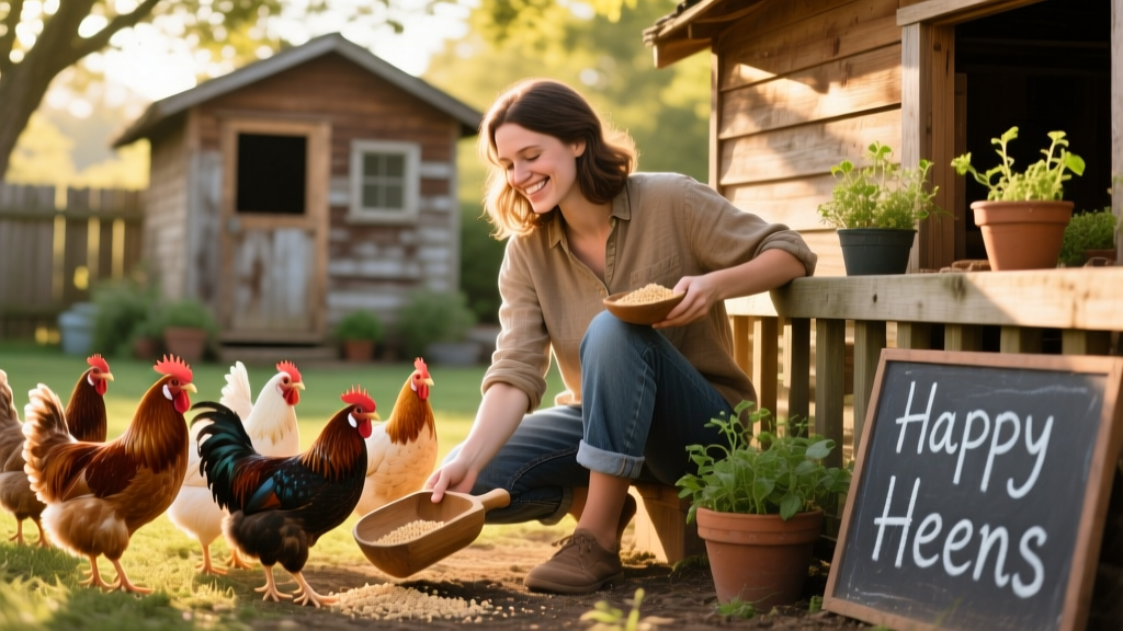 A friendly chicken sitter gently feeding a group of backyard chickens.