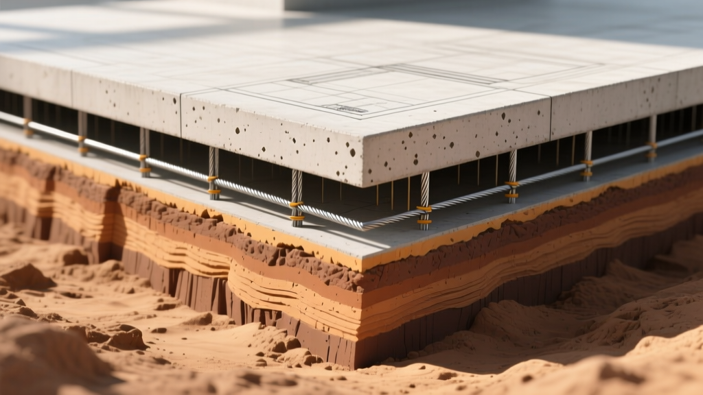Cross-section architectural blueprint showing a post-tensioned concrete slab foundation reinforced with steel cables over expansive clay soil