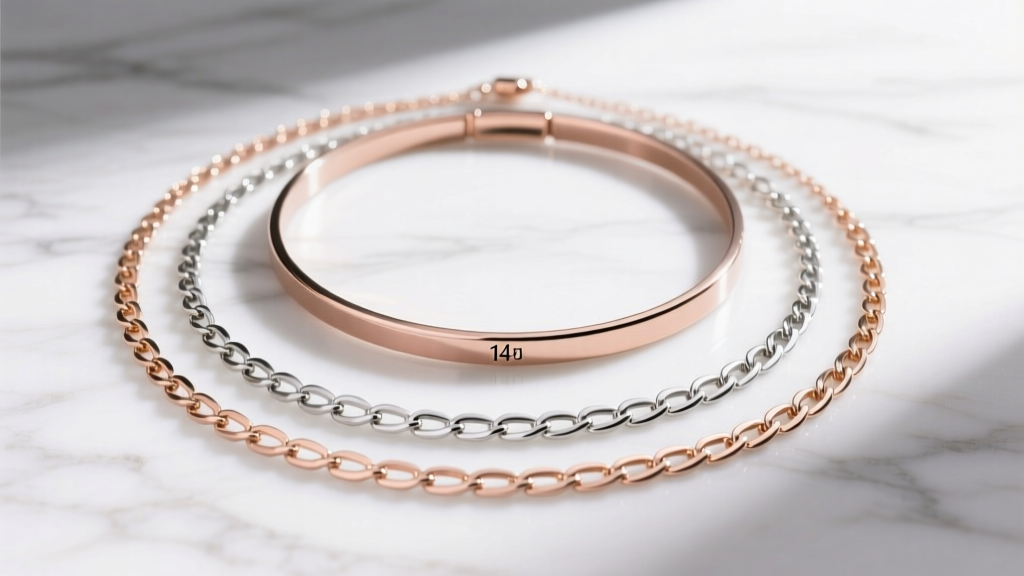Flat lay of chains showing drops for a layered necklace look, featuring a 14-inch choker and 20-inch matinee on white marble