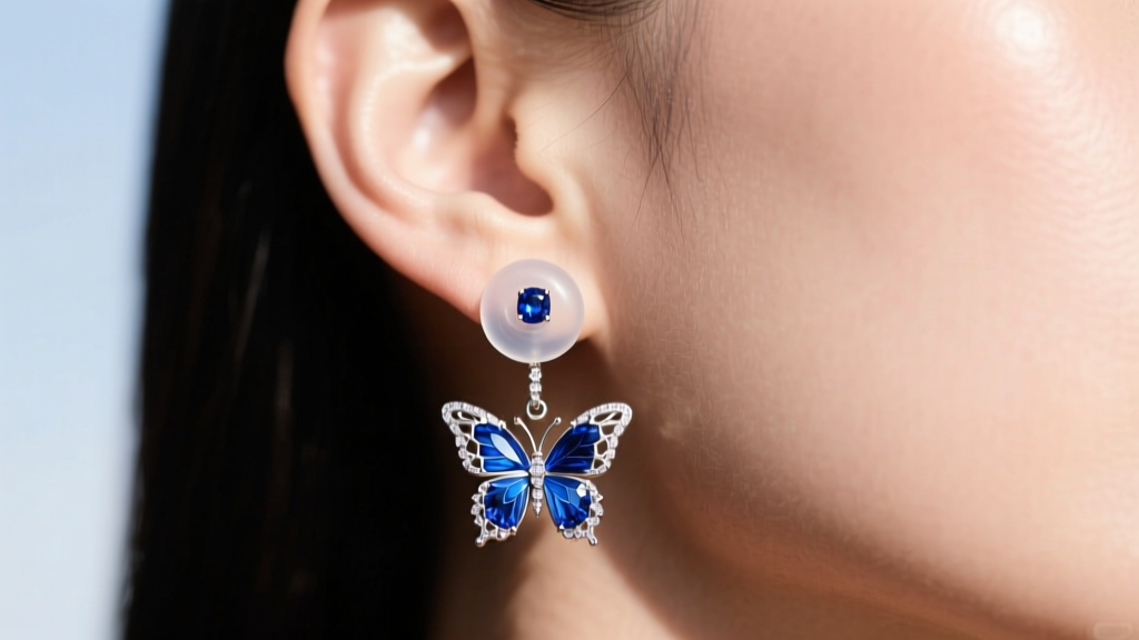 Side profile of an earlobe wearing a heavy blue sapphire butterfly dangle, secured by a thick clear silicone disc back.
