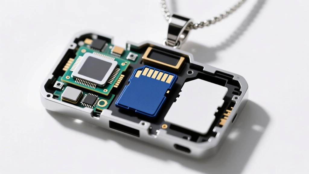 Exploded view of a camera pendant showing the CMOS sensor, lithium battery, and micro-SD card slot layout arranged tightly inside.