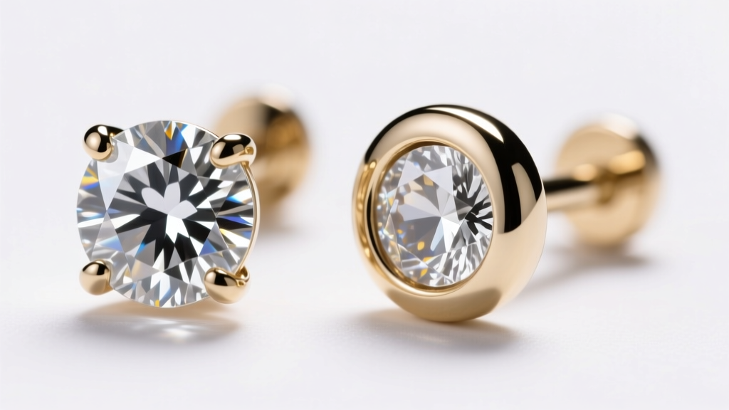 Close-up of a four-prong diamond setting next to a smooth bezel setting on white gold earring posts under bright studio lighting.