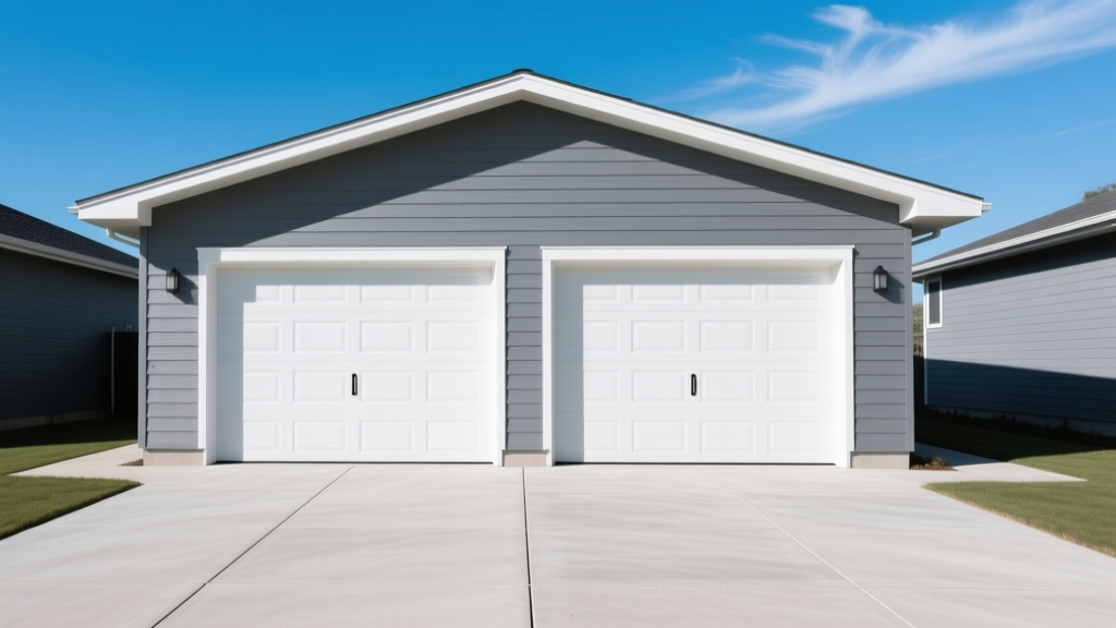 Modern two-car garage with gray vinyl siding, white insulated sectional doors, and smooth concrete driveway under clear skies.