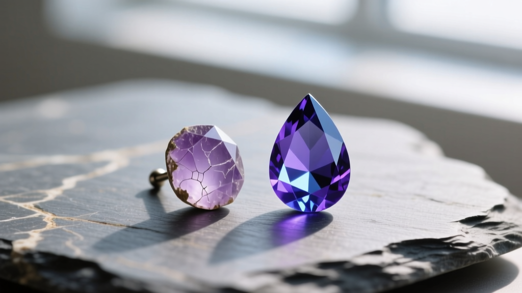 Macro of faded amethyst stud beside vibrant tanzanite drop on slate in daylight, highlighting color contrast and gemstone facets.
