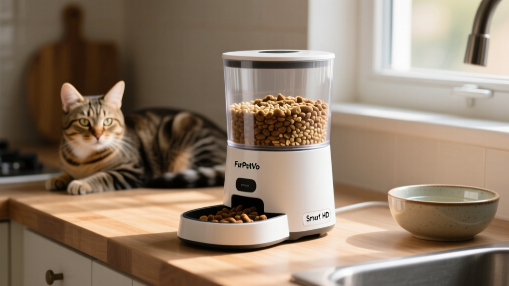 FurPetVo Smart HD Automatic Feeder on a kitchen counter with dry kibble visible in the hopper