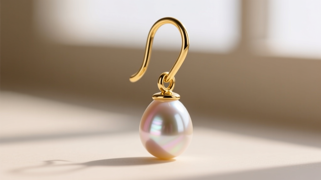 Close-up of an 18-gauge solid 14k yellow gold french wire hook securing a teardrop pearl, highlighting the polished metal finish.