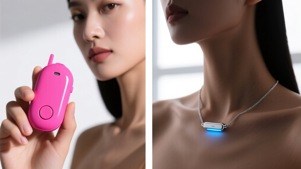Split-screen showing a bright pink personal safety alarm and a covert smart jewelry necklace, highlighting women's safety tech evolution.