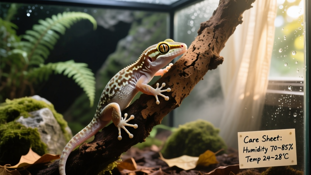 Close-up of a Chinese cave gecko climbing a textured cork branch inside a lush, humid terrarium with visible condensation on glass walls