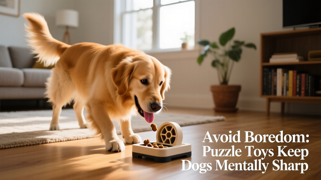A dog happily working on a treat-dispensing puzzle toy on the floor