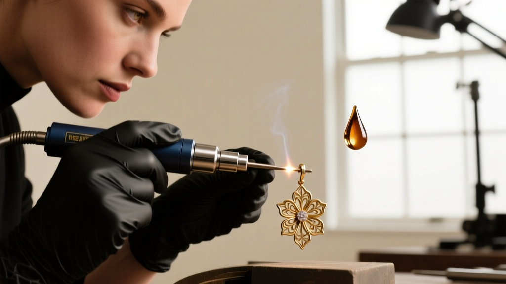 Side profile of a jeweler using a laser welder to attach a new hypoallergenic titanium post to a brass floral costume earring base