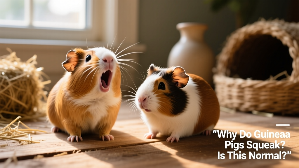 Two guinea pigs sitting side by side, one mid-squeak with mouth open, the other alert and curious