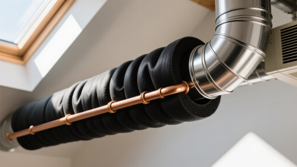 Close-up of black elastomeric foam insulation tightly wrapped around copper refrigerant lines and silver HVAC ductwork in a bright attic space