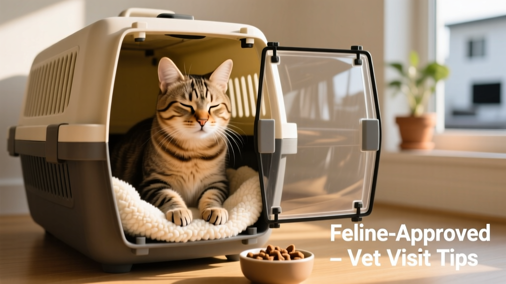 A relaxed cat sitting calmly inside an open carrier with a soft blanket and treats nearby