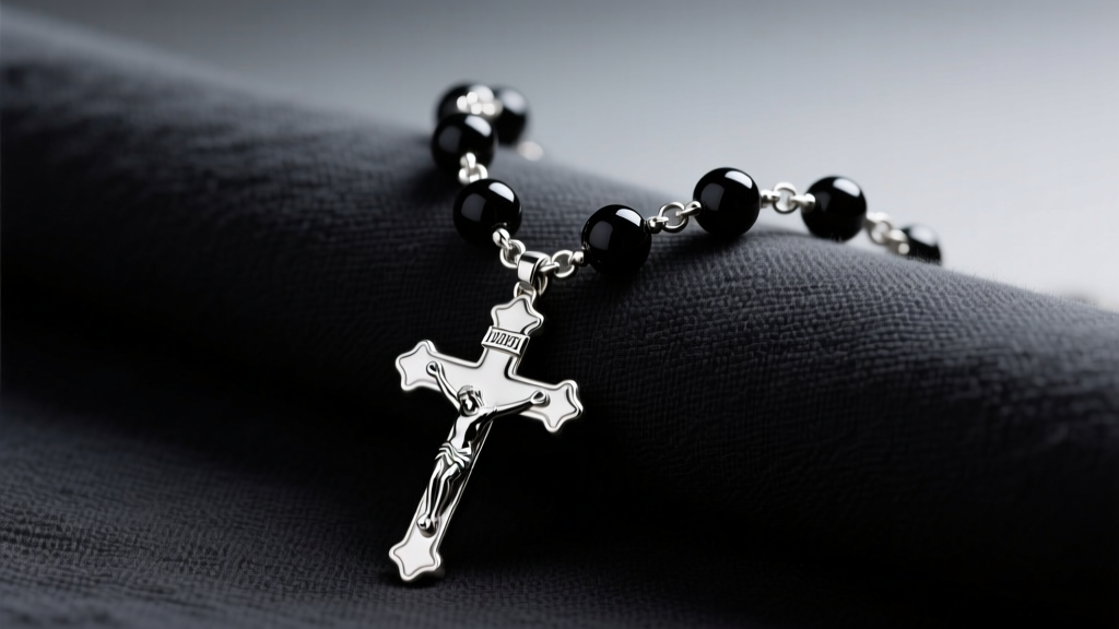 Sterling silver rosary necklace with onyx beads resting on dark linen, soft studio lighting highlighting the detailed crucifix.