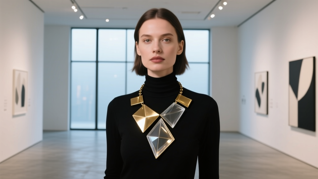 Woman wearing bold asymmetrical brass and resin art necklace over minimalist black turtleneck at an evening art gallery opening.