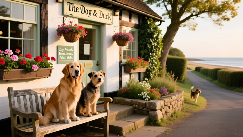 Two dogs sitting side-by-side on a wooden bench outside a traditional Kentish pub with flower boxes and hanging baskets