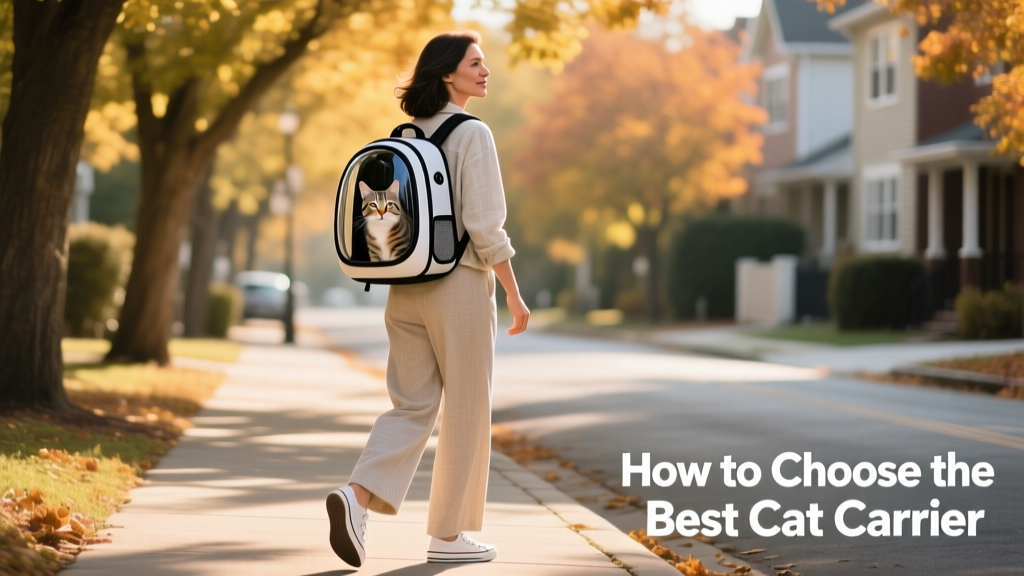 A person wearing a cat carrier backpack with mesh viewing panel, walking along a tree-lined sidewalk