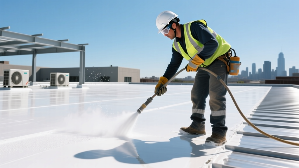 Commercial roofing contractor in full PPE spraying a seamless white silicone coating over a large flat commercial roof deck on a sunny day