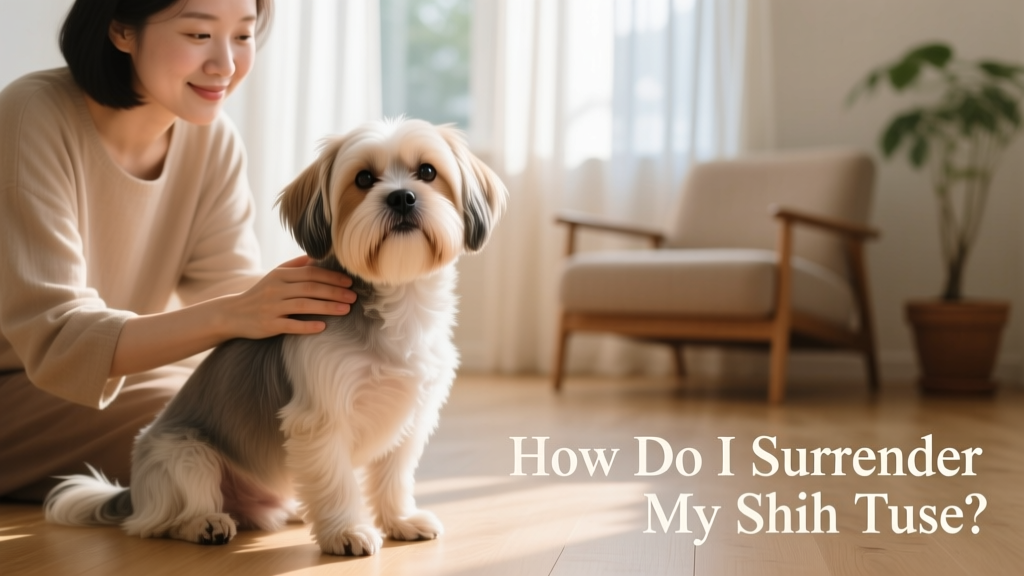 A calm, well-groomed Shih Tzu sitting beside a person with gentle hands on its back