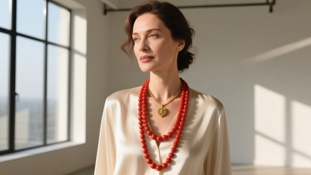 Woman in cream silk blouse layered with a long red coral bead necklace and small gold pendant, soft natural window lighting.