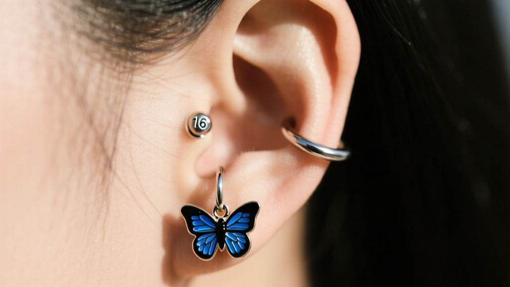 Side profile showing a 16-gauge titanium clicker hoop with a small enamel butterfly charm on the upper helix cartilage piercing