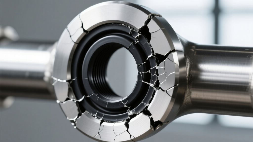 Close-up of a failed black EPDM rubber gasket showing compression set deformation and micro-cracking on a stainless steel pipe flange