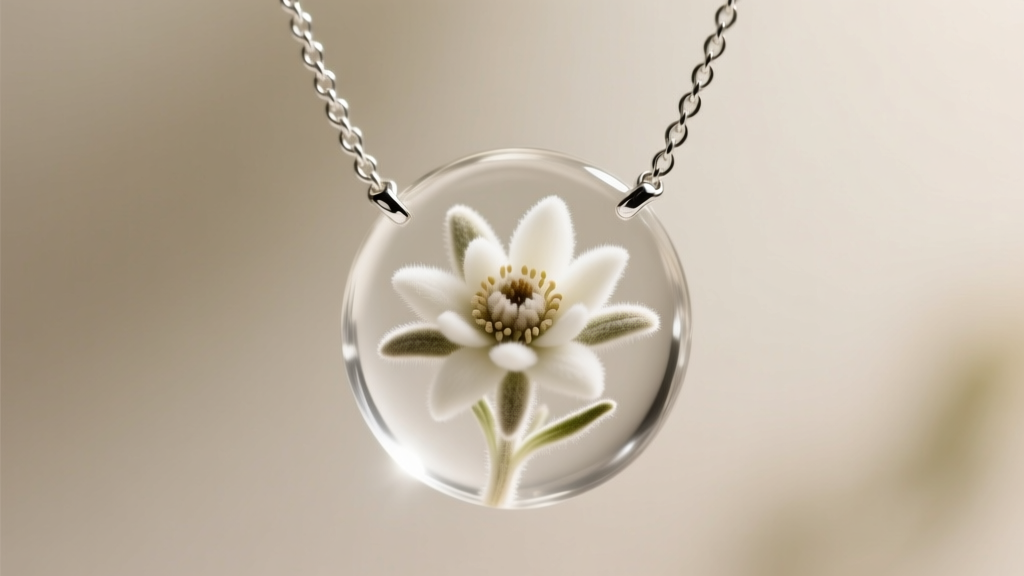 Close-up of a preserved edelweiss flower encased in clear resin on a delicate 925 sterling silver cable chain against soft light.
