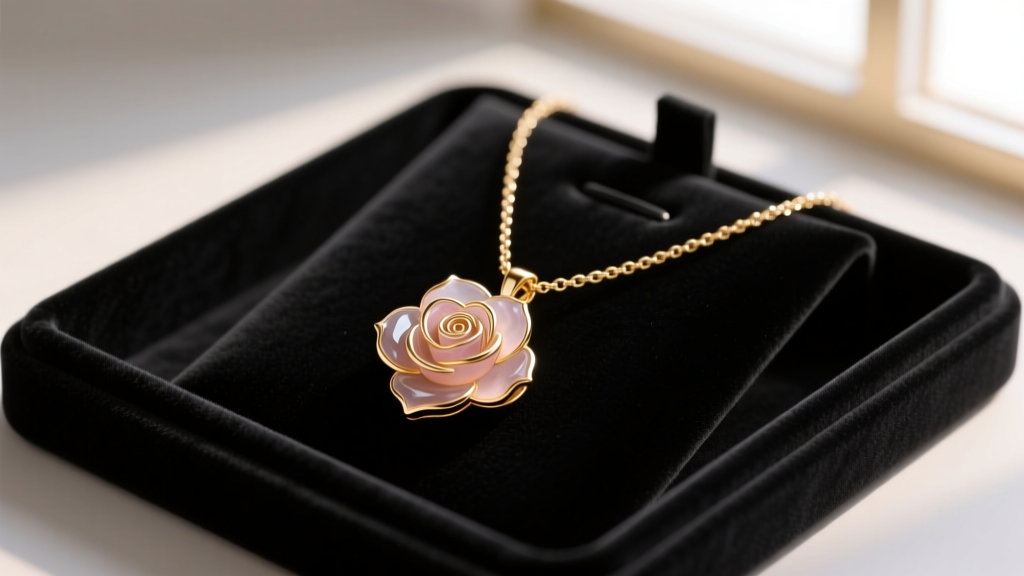 Delicate 18k gold vermeil necklace with a floral rose quartz pendant resting on a dark velvet jewelry display tray
