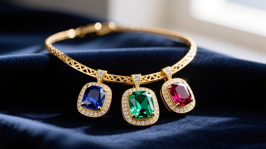 A 14k gold multi gemstone necklace featuring bezel-set sapphire, emerald, and ruby pendants resting on dark navy velvet fabric.