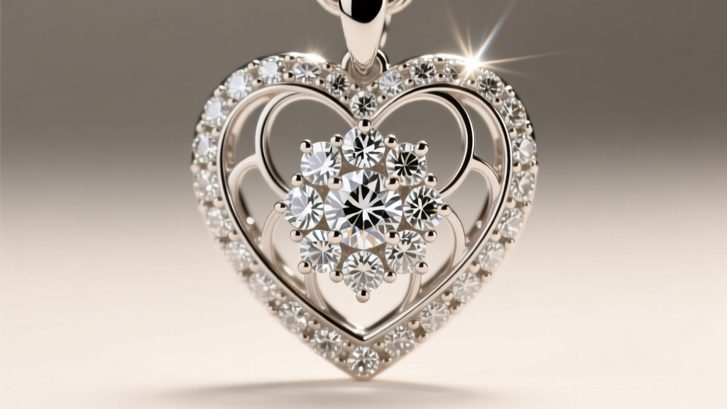 Macro shot of an open heart pendant with shared-prong melee diamonds, showing crisp VS1 facets under bright studio lighting.
