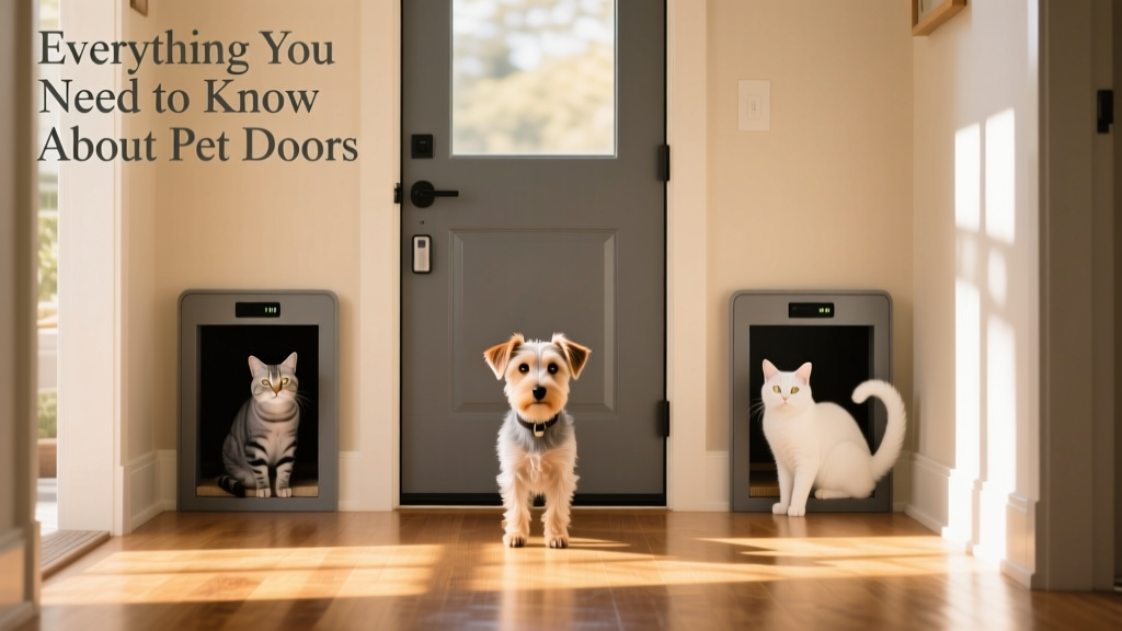 A terrier and two cats calmly using separate flaps of a multi-pet door system in a sunlit hallway