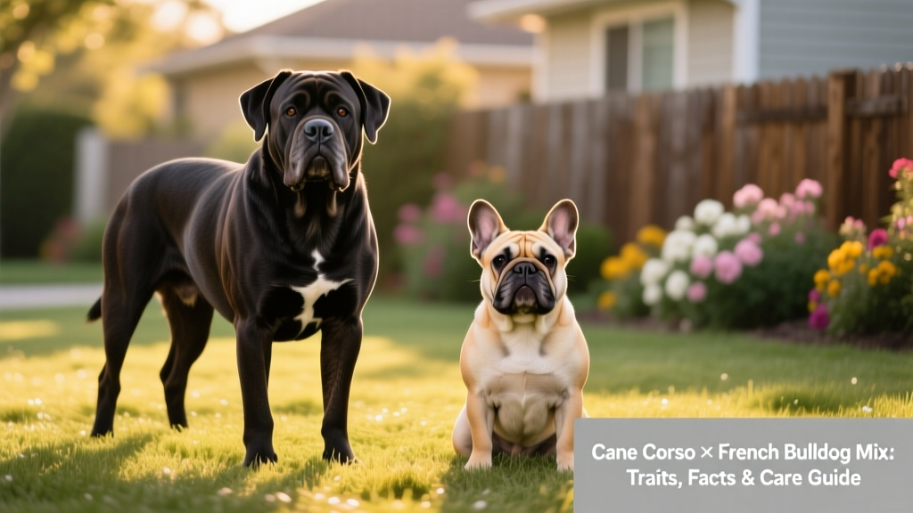 Side-by-side comparison of a Cane Corso and a French Bulldog standing calmly on grass