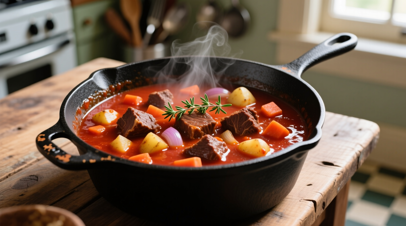 Beef stew with tomato sauce in cast iron pot