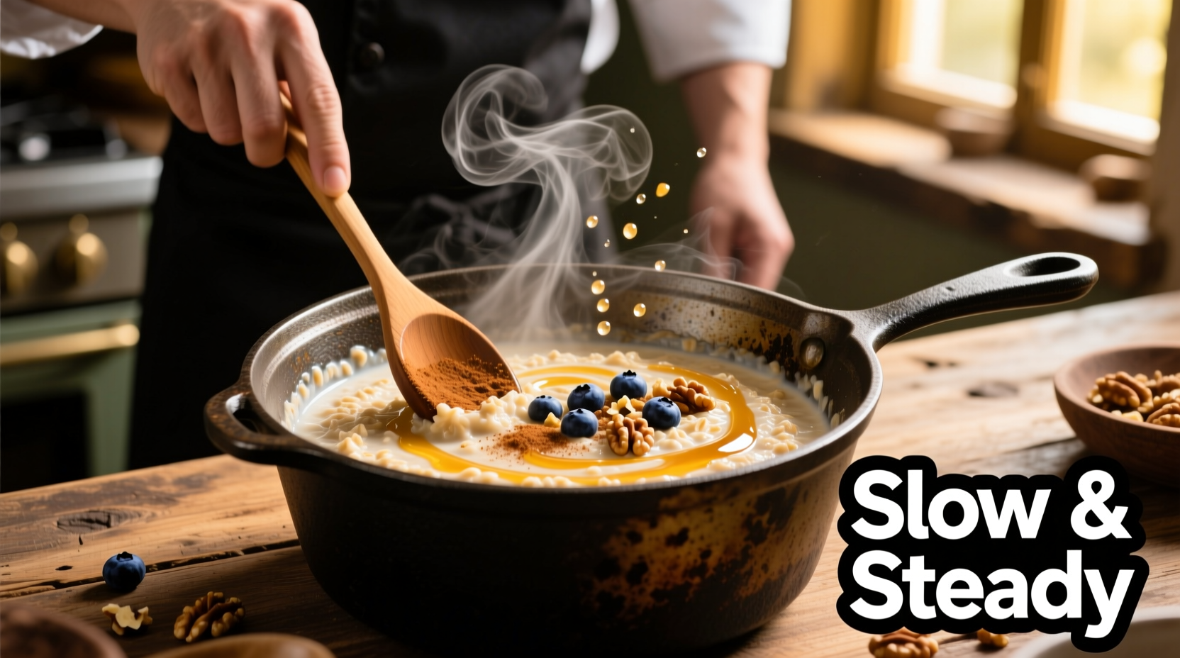 Chef stirring flavorful oatmeal in cast iron pot