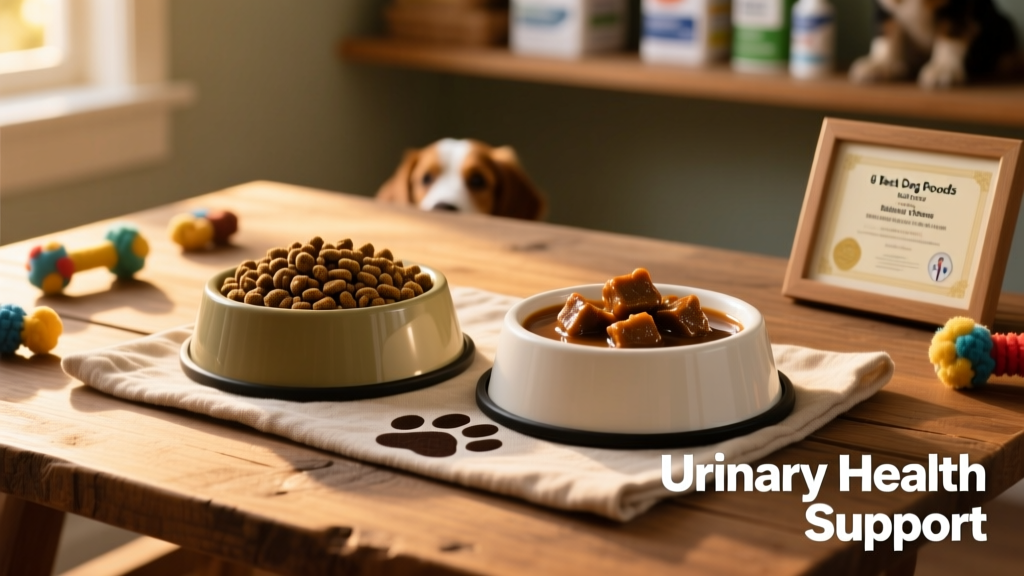 Side-by-side comparison of dry and wet therapeutic dog food bowls labeled for urinary health