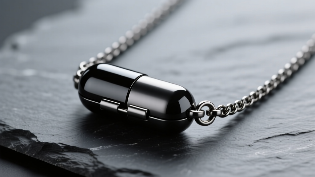 Matte black titanium nitro pill holder necklace on dark slate, showing a secure bayonet twist clasp and opaque cylinder.