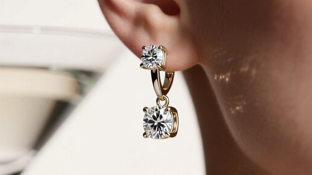 Close-up of an 18k white gold martini setting with a heavy friction back securing a two-stone diamond drop earring on a lobe