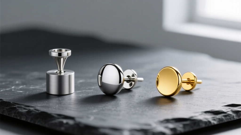 Three earring posts on dark slate: dull surgical steel, polished implant-grade titanium, and bright 14k yellow gold jewelry studs.