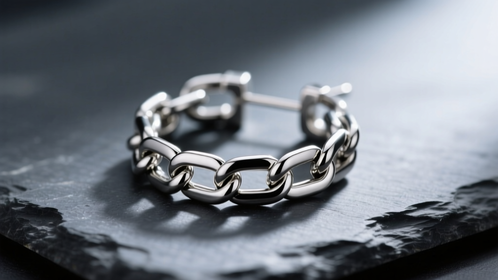 Macro shot of a 20-gauge titanium box chain earring with chain links clearly visible, resting on dark slate.