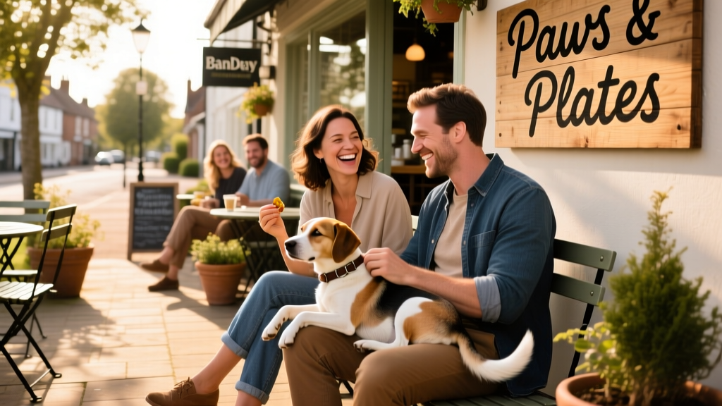 Pet parents and a dog relaxing outside a dog-friendly restaurant in Banbury.