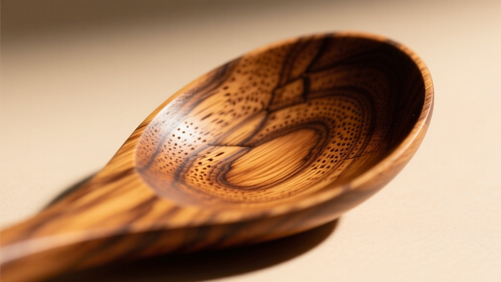 Close-up macro photography of the tight, interlocking wood grain on a polished teak cooking spoon, highlighting its natural water-resistant texture.