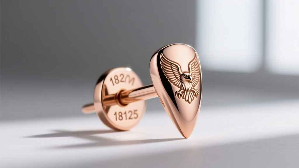 Close-up of the laser-engraved serial number and eagle head hallmark on the post of an authentic 18k rose gold nail earring.