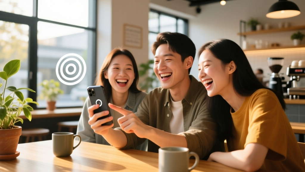 Friends laughing in a coffee shop while one person taps frantically on a phone screen showing an infinite loading spinner prank
