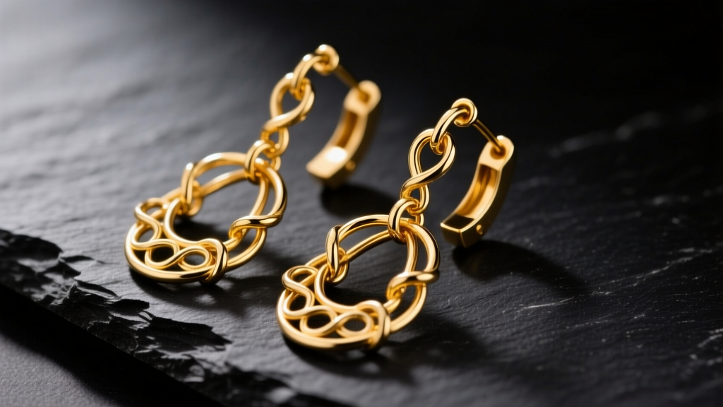 Macro shot of 18k yellow gold articulated dangling earrings on dark slate under studio lighting, showing intricate wire links.