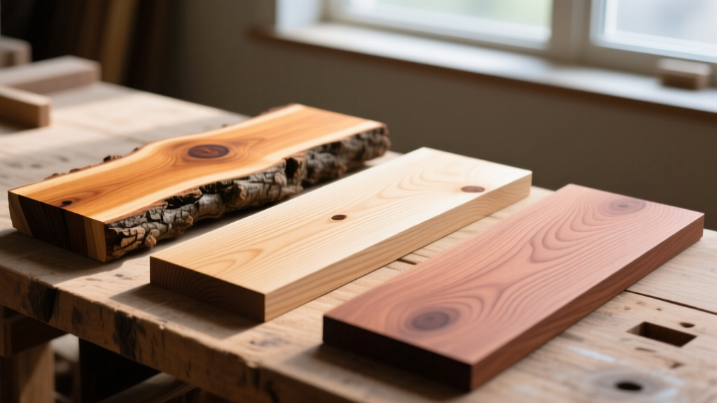 Close-up of rough-sawn Douglas Fir, smooth White Oak, and Western Red Cedar boards showing distinct grain patterns on a workbench