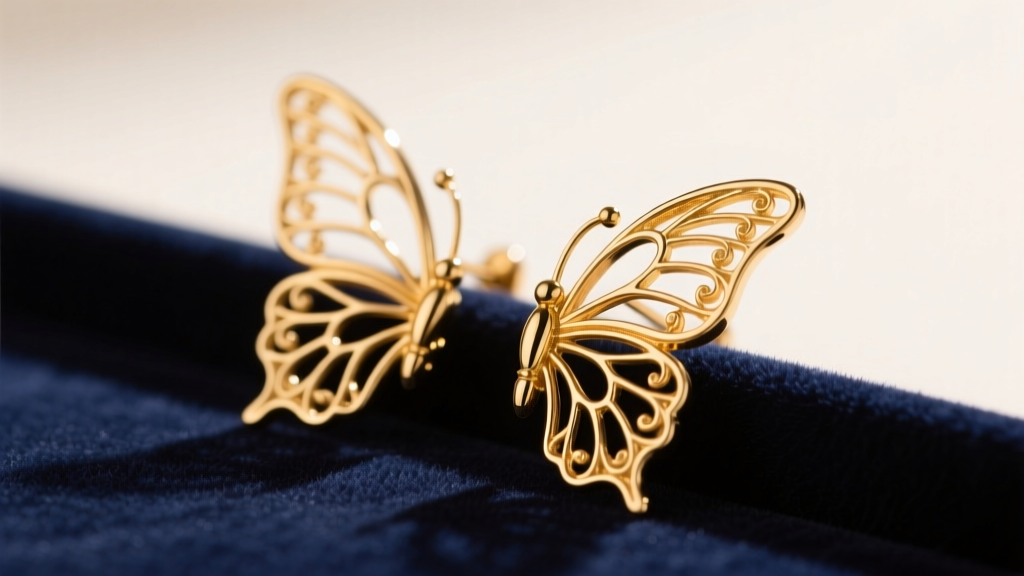 Macro shot of 14k gold filigree butterfly wing earrings resting on soft velvet, illuminated by warm directional light in a studio
