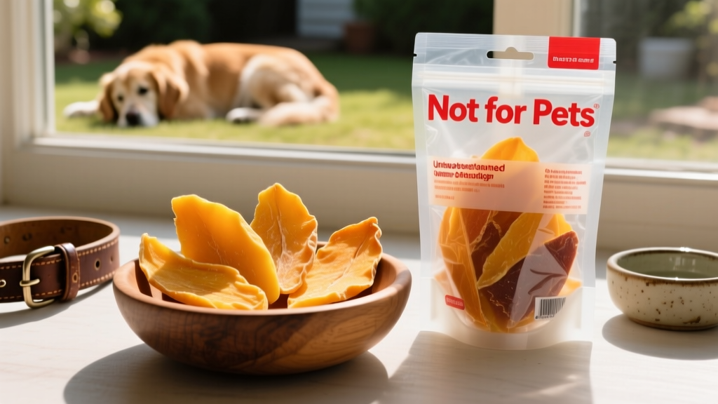 Side-by-side comparison: plain unsweetened dried mango slices next to a commercial bag with added sugar and preservatives, clearly labeled 'Not for pets'