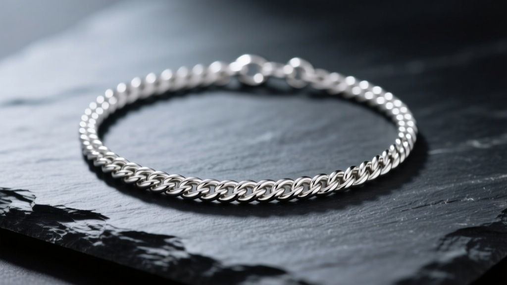 Close-up of a delicate 925 sterling silver rope chain necklace resting on dark slate, highlighting intricate twisted metal links